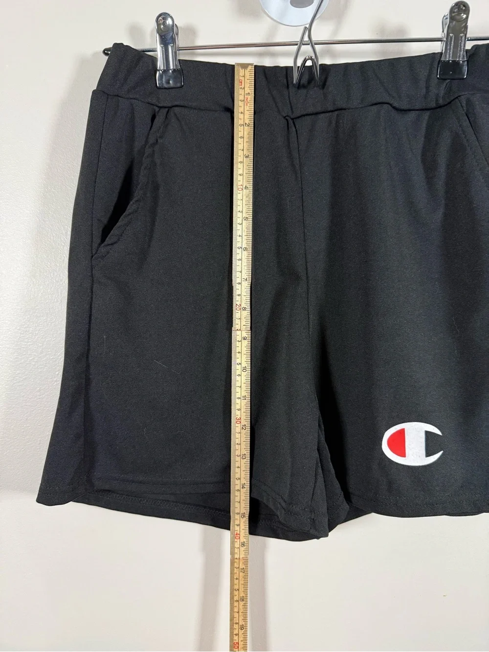 Champion Black Athletic Shorts with Red & White Logo